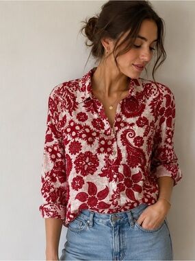 Red Floral Print Button-Down Shirt - Women's Cotton Blend Top